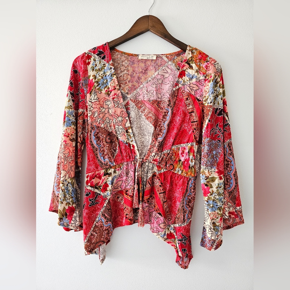 Lovestitch Retro Floral Tie Front Kimono Top - Picture 2 of 6